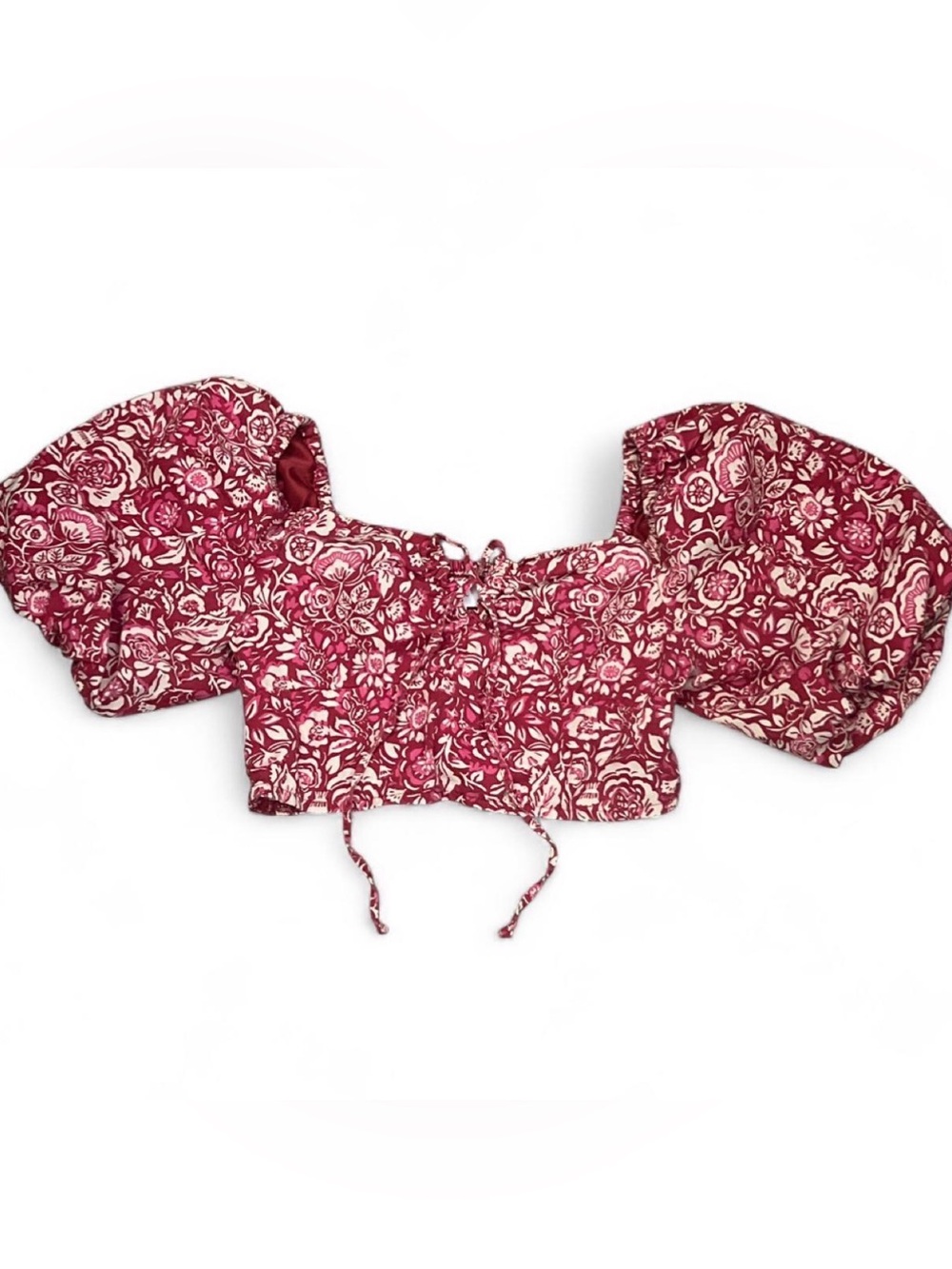 Japna Floral Puff-Sleeve Crop Top Tie Front- Red Floral Cottagecore 100% Cotton
